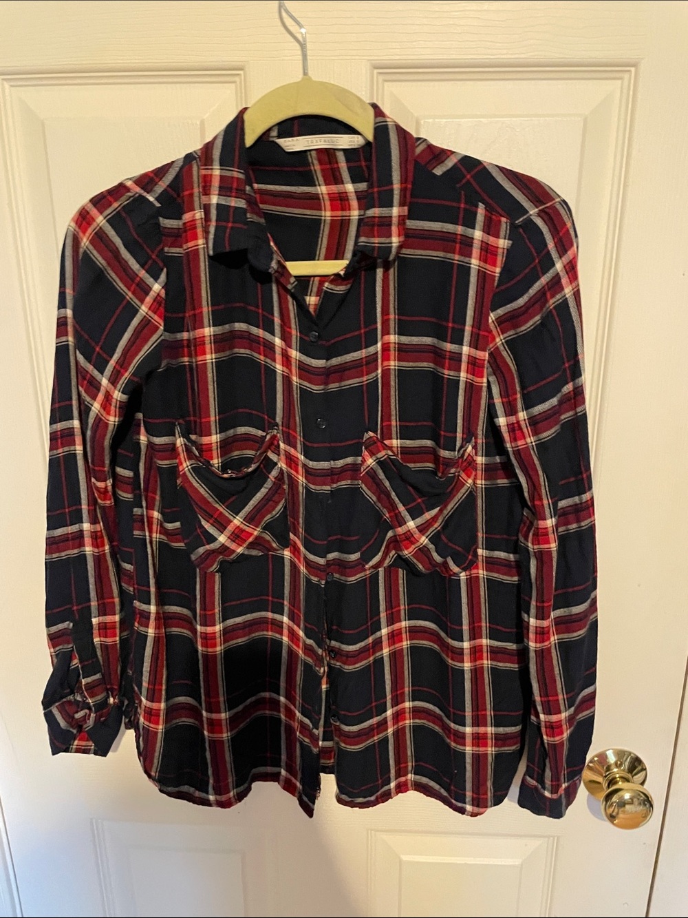 Zara Navy and Red Plaid Button-Down Shirt women’s small